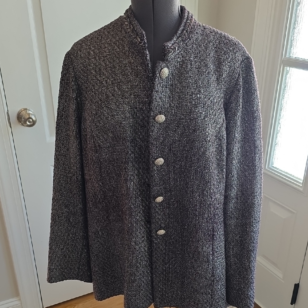 Chicos Purple MetallicTweed Jacket with Button Detail